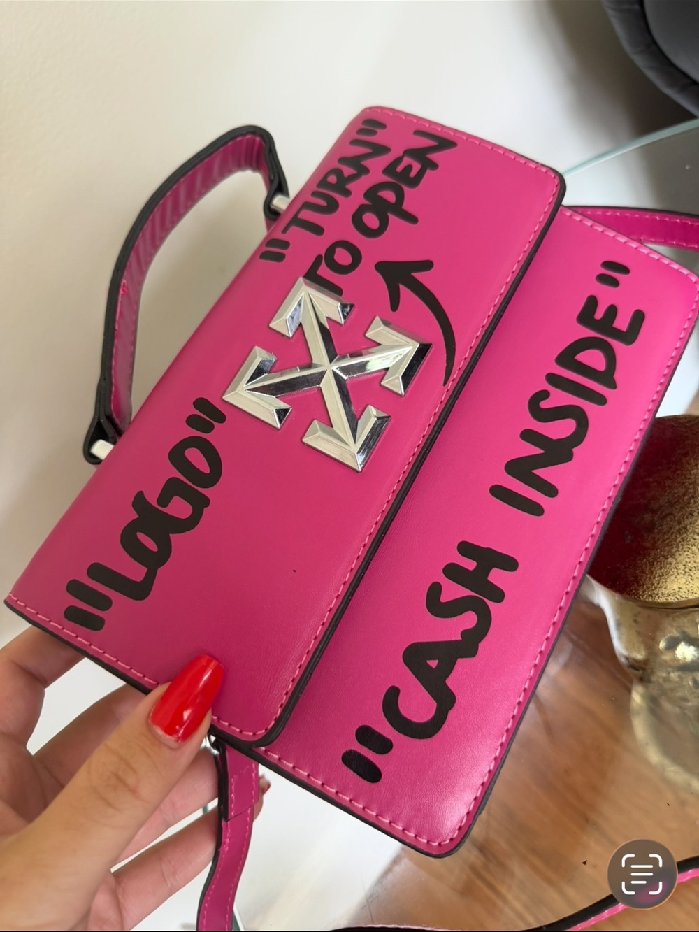 Off-White Style Hot Pink Leather Crossbody Bag with Silver Arrow Logo